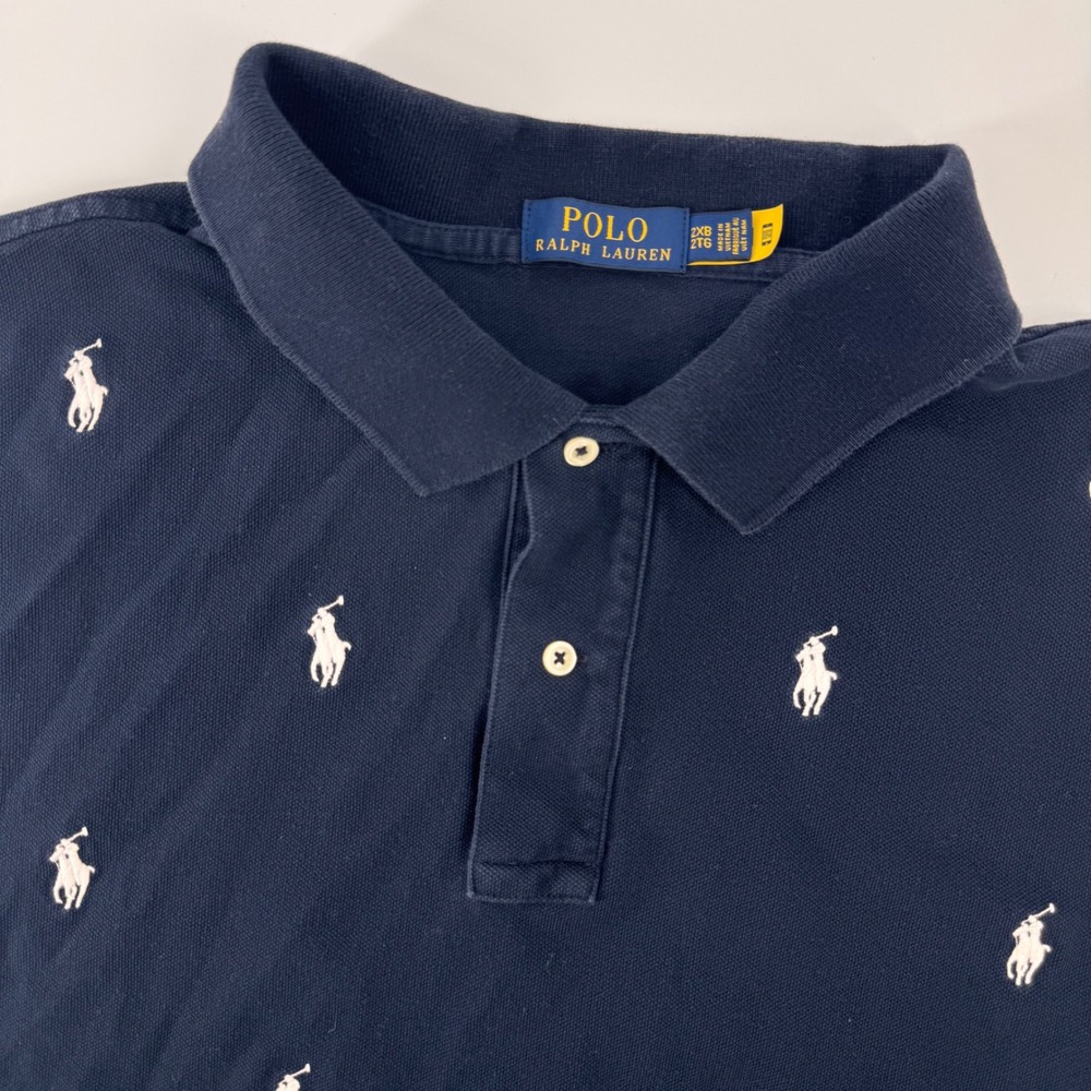 Polo Ralph Lauren Polo Shirt Men 2XB Navy Blue All-Over Embroidered Pony Pique